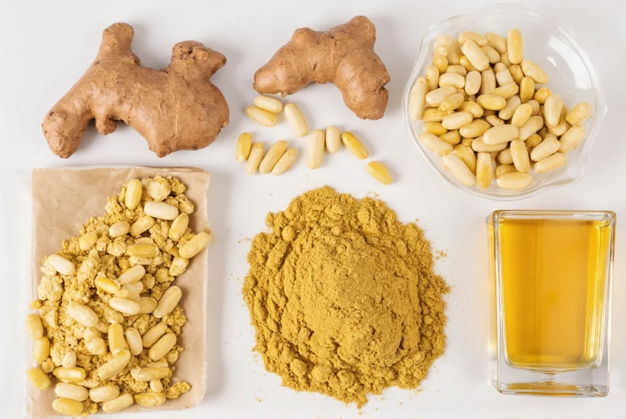 Various ginger preparations including fresh root, powder, tea, and capsules