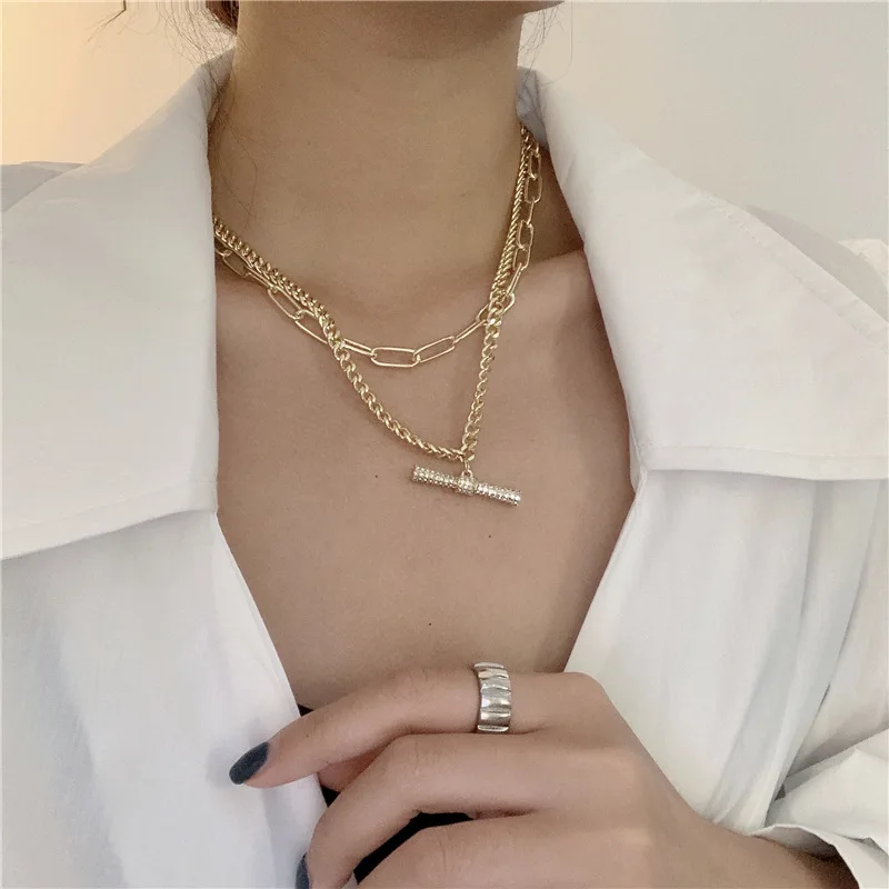 

danyuan full crystal bar pendant necklace double layer gold necklace multilayer chain necklace women girls suit accessories, Picture