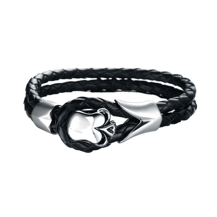 

Wholesale Mens 316L Stainless Steel High Polished Black Woven Leather Bracelet Skull Magnetic Closure Bracelets