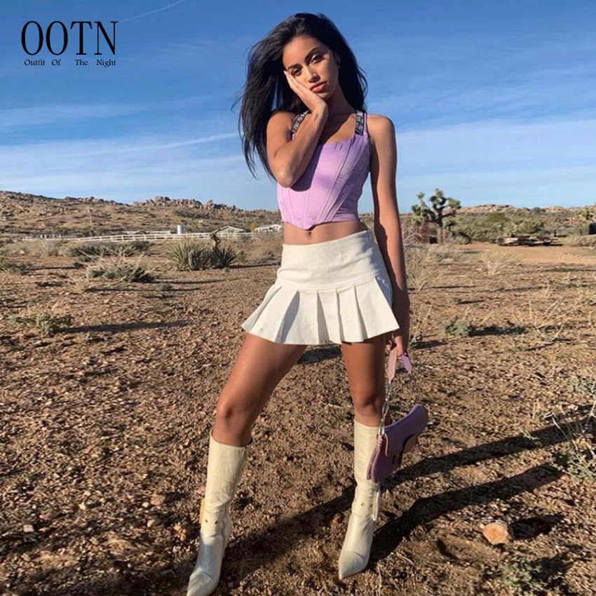 

OOTN Streetwear White Above Knee Mini Short Ball Gown Casual Sport Skirt Women Fashion Summer Sexy High Waist Pleated Skirt