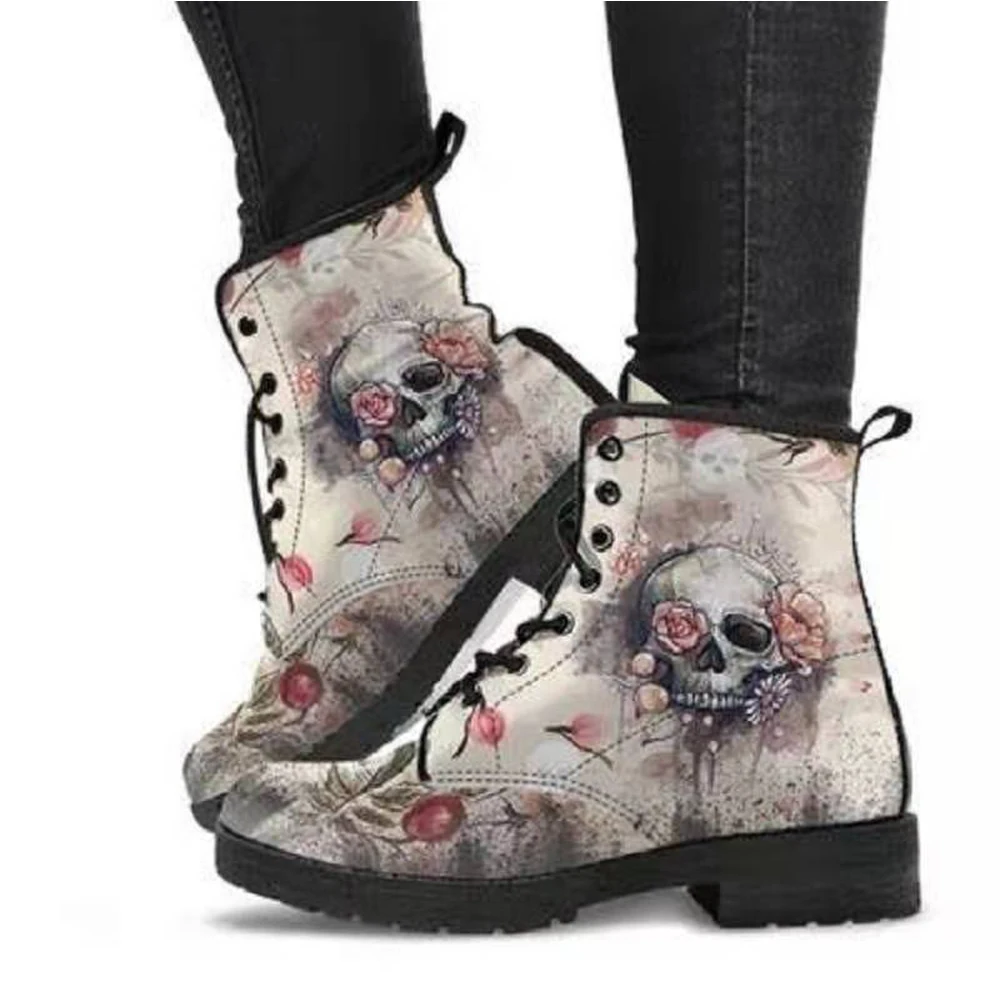 

Superstarer 2021 women's shoes fashion tooling boots printing autumn ladies high-top skull lace-up Martin boots women