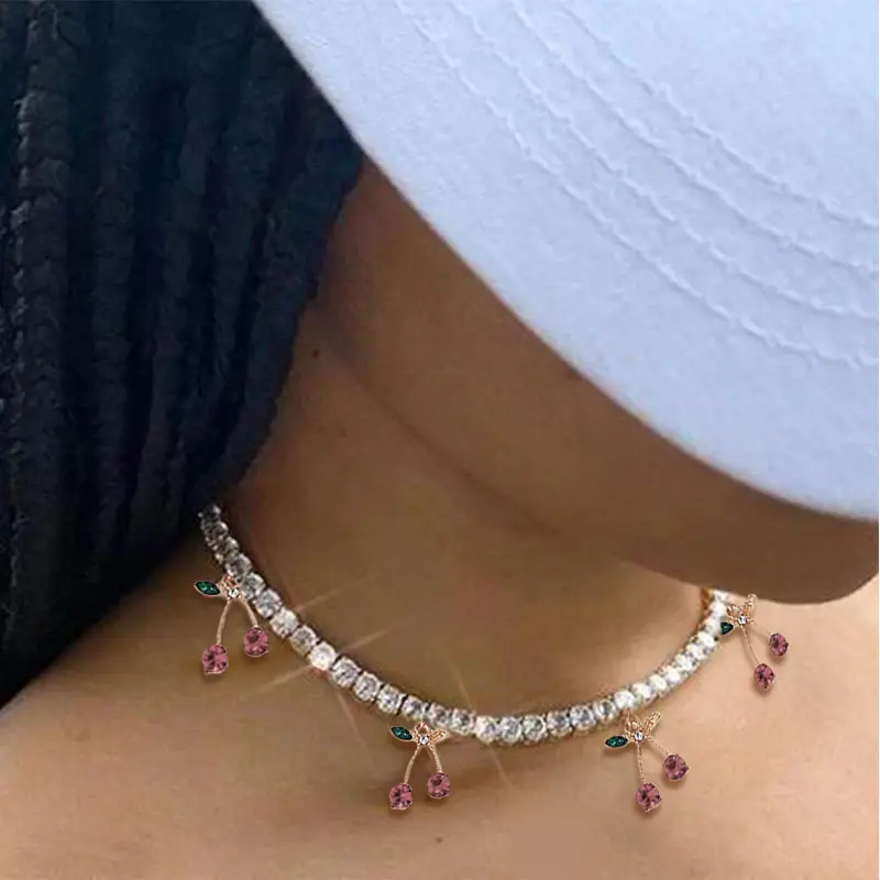 

Charm Rhinestone Cherry Pendant Necklace Women Statement Tennis Chain Choker Crystal Collar Hip Hop Cherry Tennis Necklace