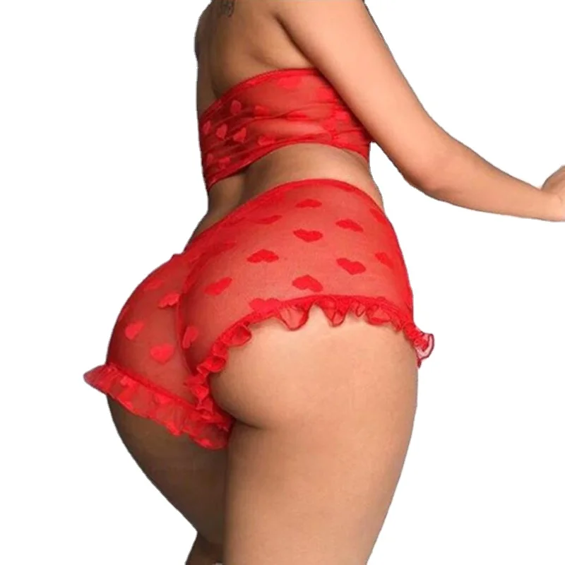 

Hot Sale Women Sheer Lace Sexy Short Tube Top Nighty Set Pajama Outfit Bedroom Wear Lingeries, Red,black