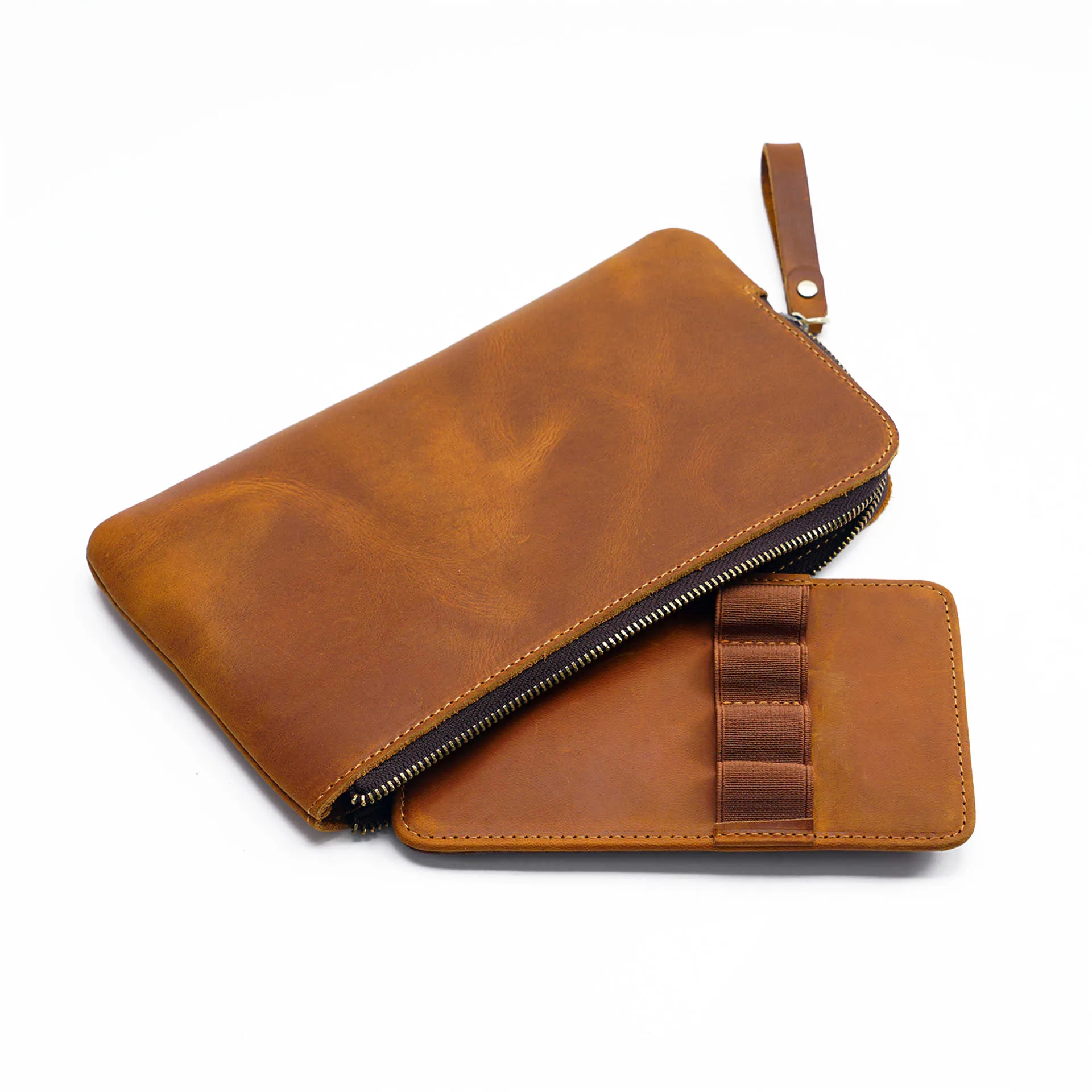 Crazy Horse Leather Zipper Pen Bag European and American Storage Bag Multi-function Large Capacity Removable Pencil Case