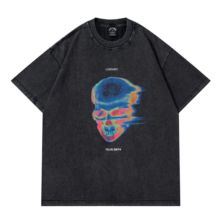

Loose Short Sleeve Skull Abstract Printing T-shirt Mens Acid Wash Tshirts