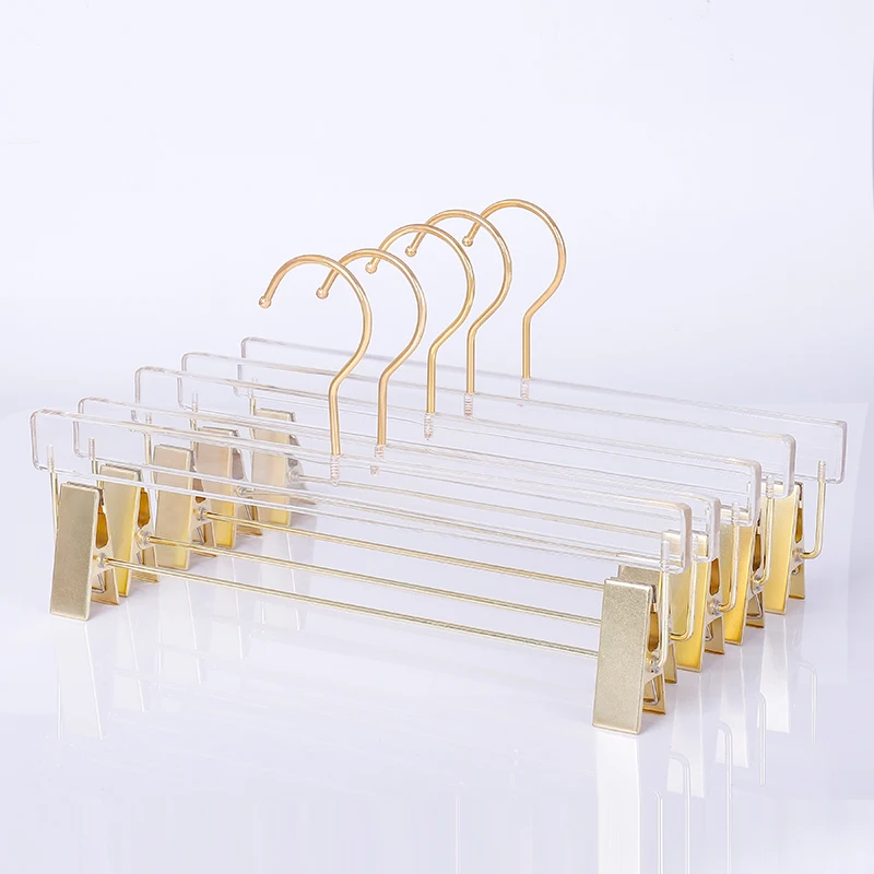 

Wholesale custom logo clear acrylic clip pants dress skirt display trousers hangers with gold clips