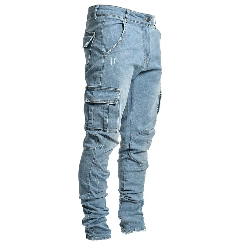 

OA payment support stack jeans men ripped denim trousers zip off cargo pants hip-hop popular logo pants joggers set black denim, Light blue/ black