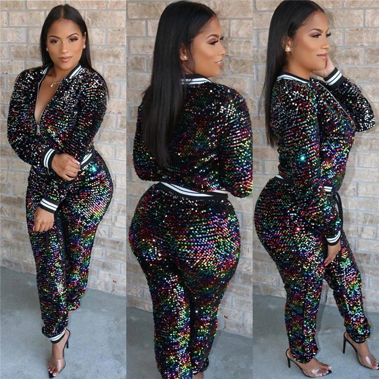 

XM-2021010805 Fashion Apparel Winter Autumn Sexy multicolor sequins fabric long sleeves casual 2 Piece Set Women clothing