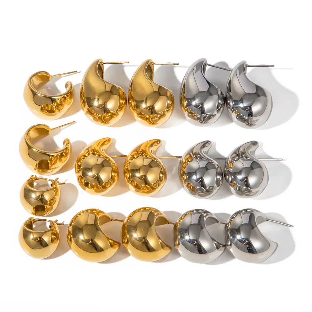 

G2056 Women Girls Jewelry PVD 18K Gold Plated Punk Waterdrop Stud Earrings Stainless Steel Hollow Chunky Teardrop Earrings