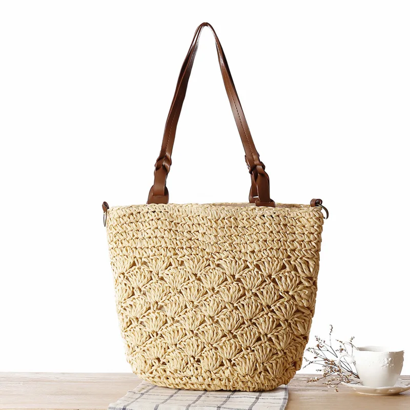 

New Simple And Solid Color Rattan Bag Straw Woven Sen Women Single-Shoulder Beach Tote Bag Dual-Use Hand Woven Straw Bags, Two