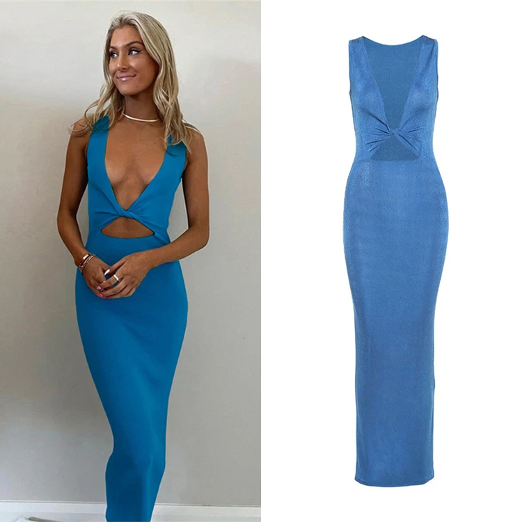 

Women Clothing 2021 Summer Brown V-Neck Bodycon Dress Women Backless Sexy Long Hollow Out Maxi Dress, Brown & blue