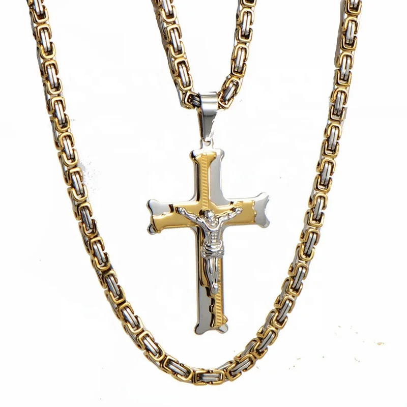 

MECYLIFE Two Tone Stainless Steel Byzantine Chain King Chain Necklace Men's Christian Jesus Cross Necklace