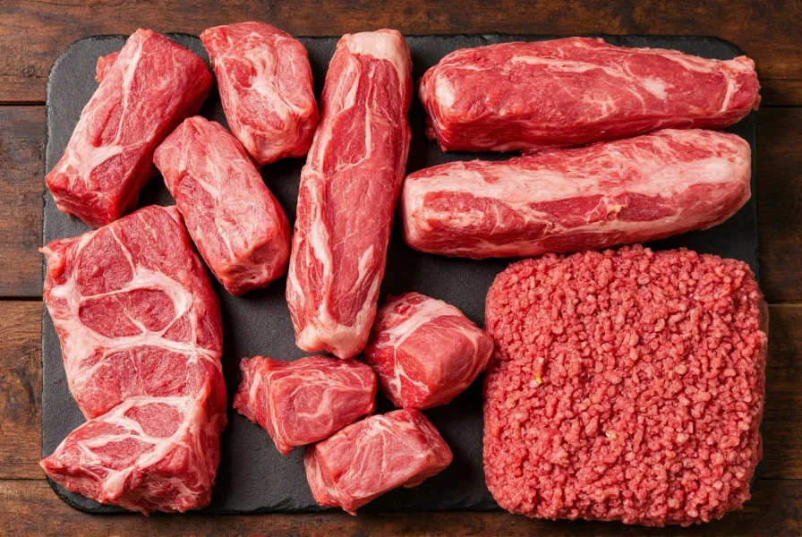 Various meat cuts arranged for chili recipe including chuck roast cubes and ground beef