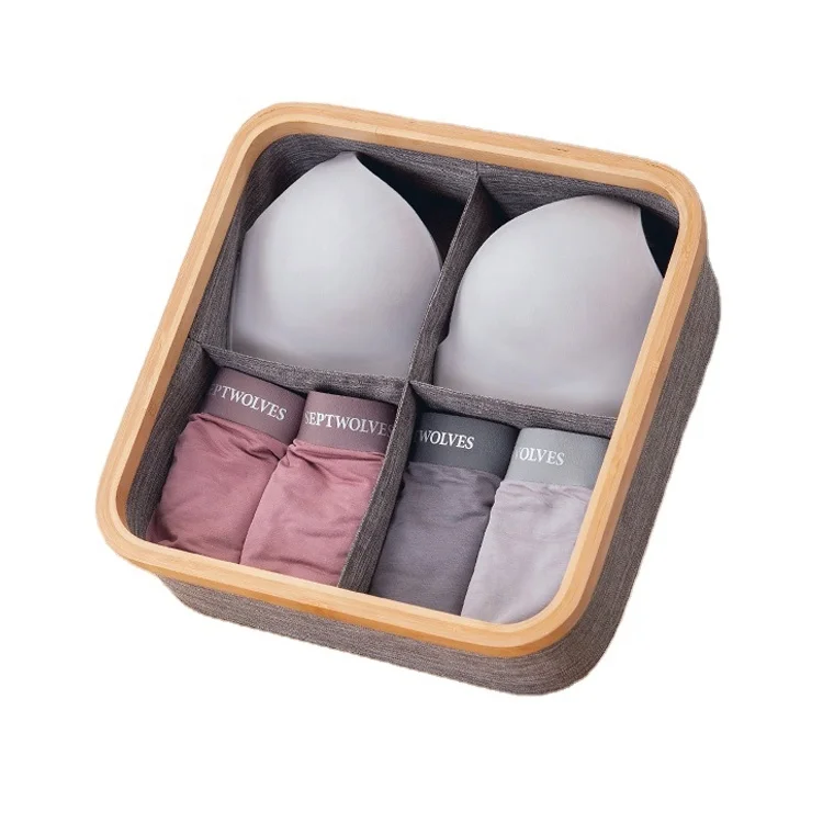 

Sundries Underwear Socks Closet Dresser Organizer 4 Divider Grids Oxford Fabric Storage Baskets Bamboo Handle