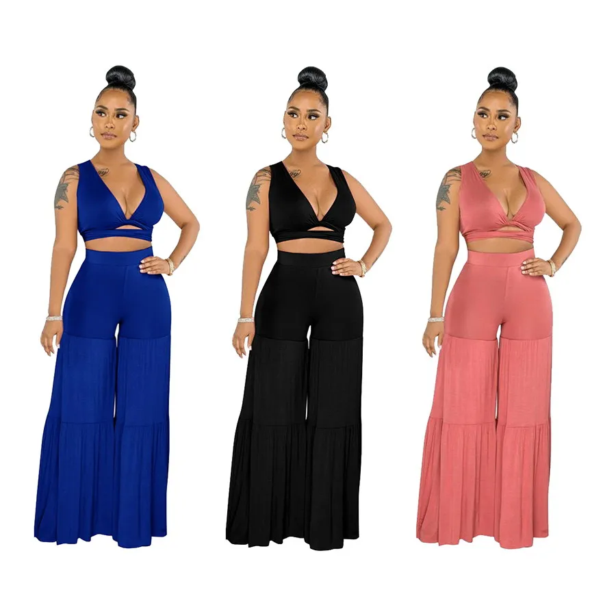 

Foma Q21S807 Women Clothing Bundle Drape Wide Leg Pants Summer 2021sexy Solid Color Maxi Two-piece Set 1 Set Women, 3 colors