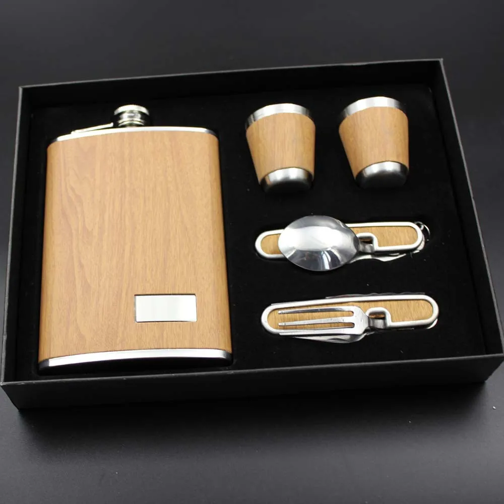 

Shot Cup Knife And Fork 9 Ounce Wood Leather Cover Stainless Steel Liquor Hip Flask Set With Gift Box, As picture