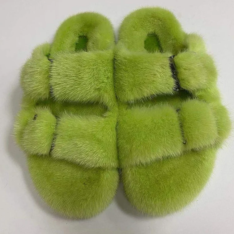 

2021 latest design mink slippers ladies fluffy slippers fox leather slippers