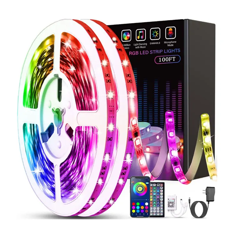 

Hot Selling 12V 50ft 15M 5050 RGB Music Sync Color Changing Remote App Control Flexible Smart Led Strip Light