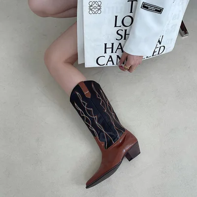 

2021 New Retro Cowboy Western Boots Women V Shaped Mouth Thick Heel Long Boots Female Embroidered Knee High Tube Knight Boots