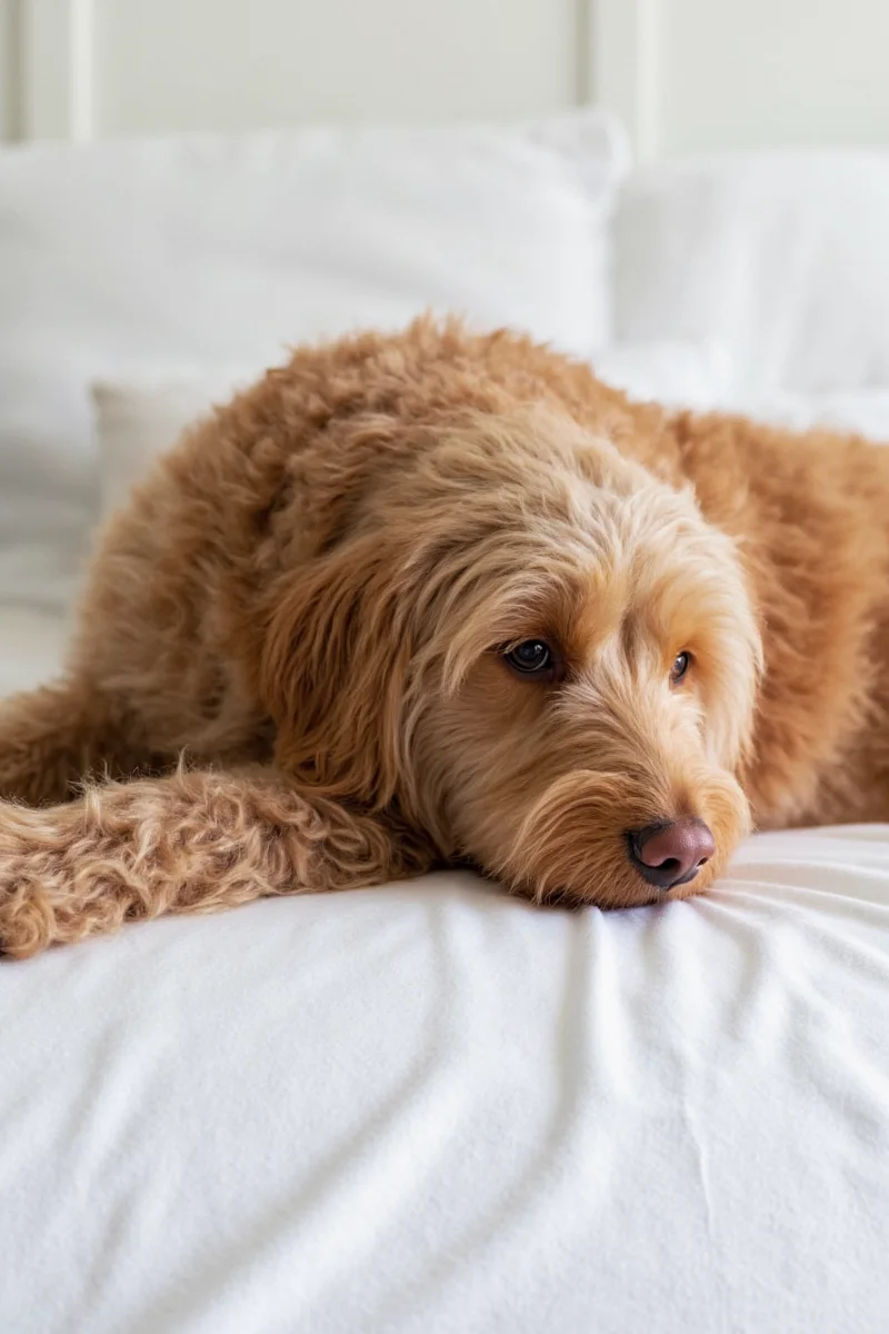 Modern grey sofa with pet-safe fabric, dog resting nearby