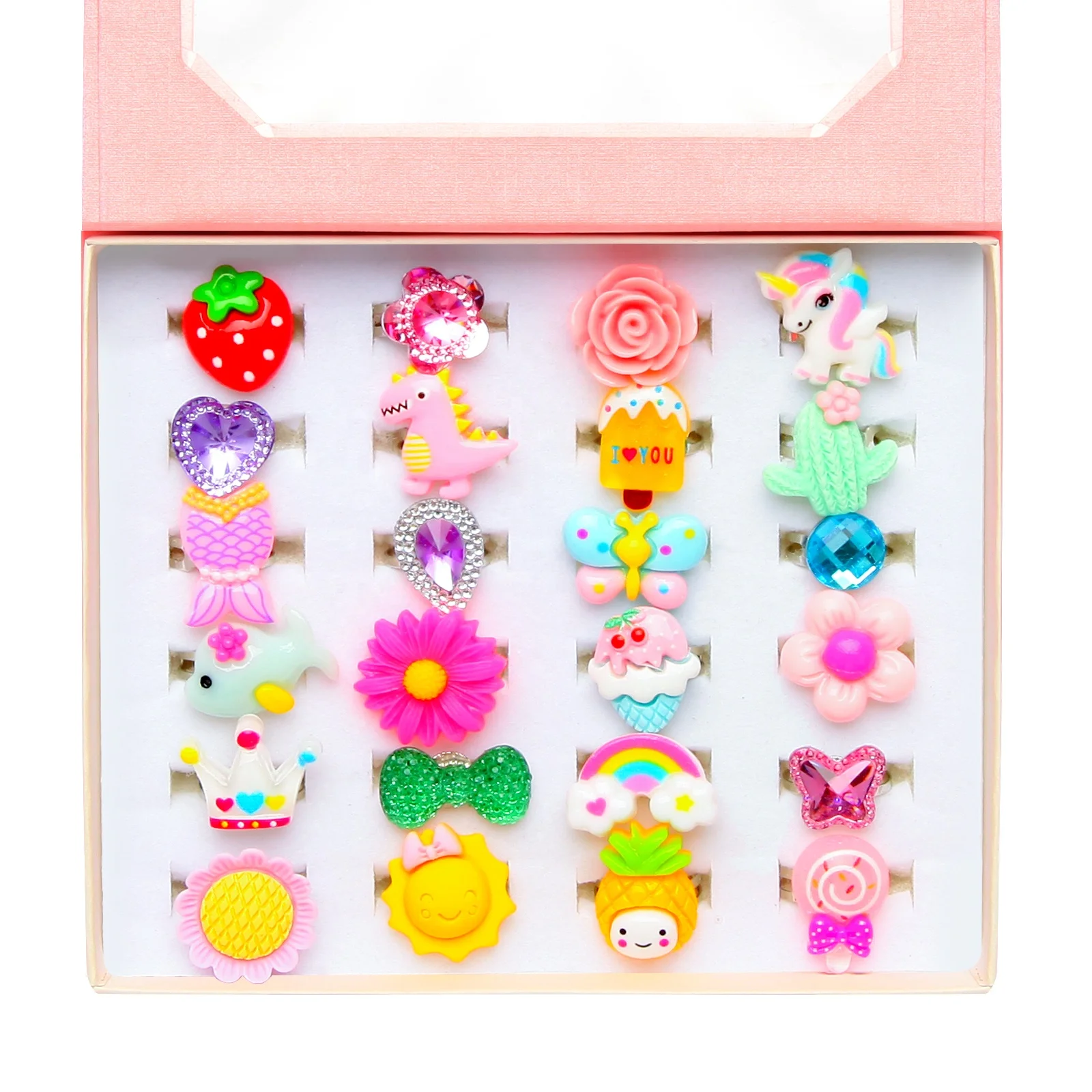 

Hot-selling carton gem adjustable unicorn 24 pcs rings box girl decoration