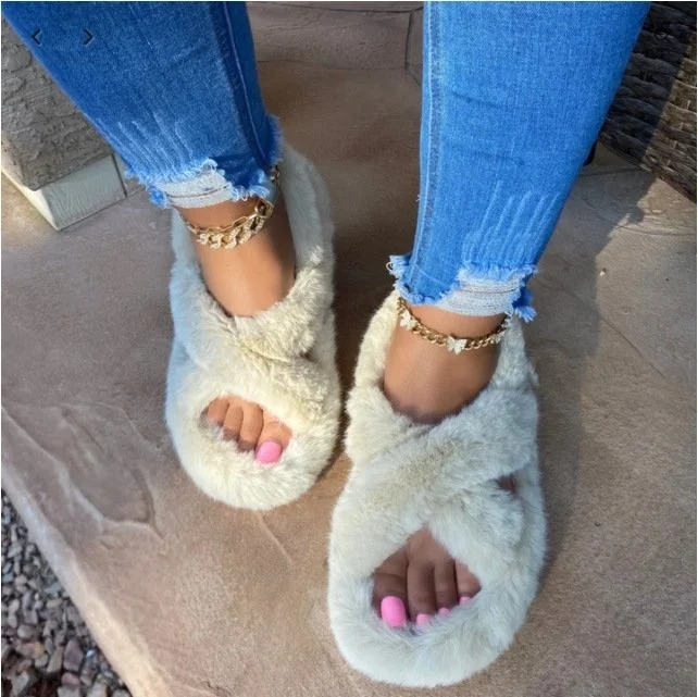 

Hot Sale Fashion Vintage Fur Slipper Sandals Faux Solid Color Crossover Strap Suede Shoes, Beige / black