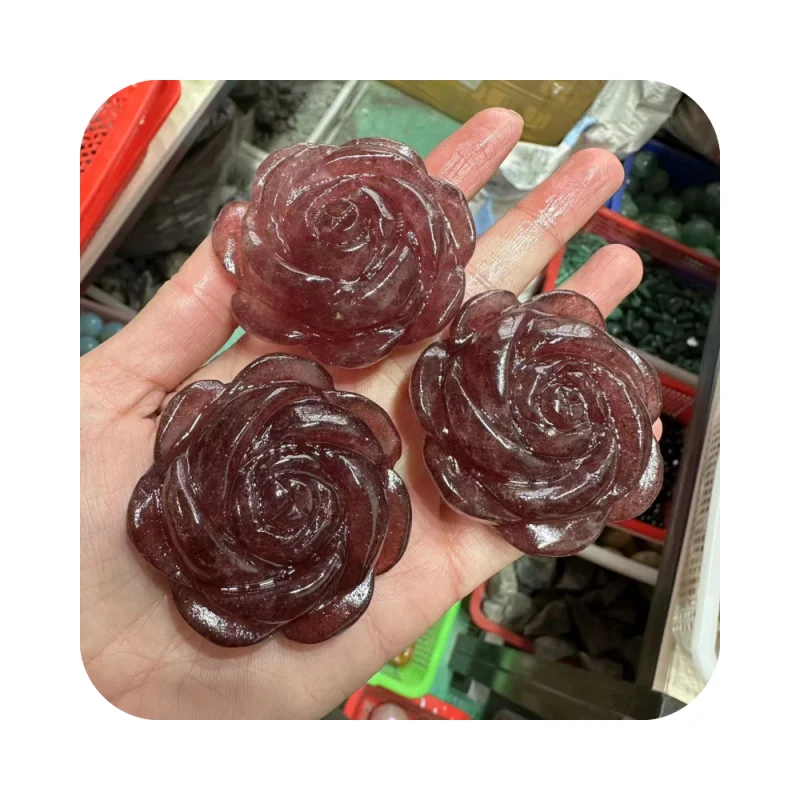 

New arrivals hand carved healing gemstone Wholesale natural crystal strawberry quartz rose flower gift for fengshui