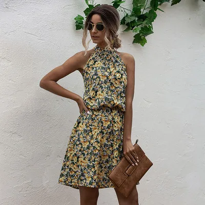 

F40327A 2021 hot sale floral print sexy sleeveless dress for woman, As picture