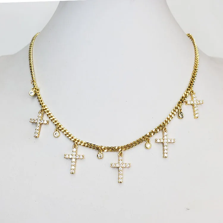 

NZ1140 Delicate Gold Plated Cubic Zirconia CZ Cross Charm Cuban Chain Spiritual Everyday Necklace for Women