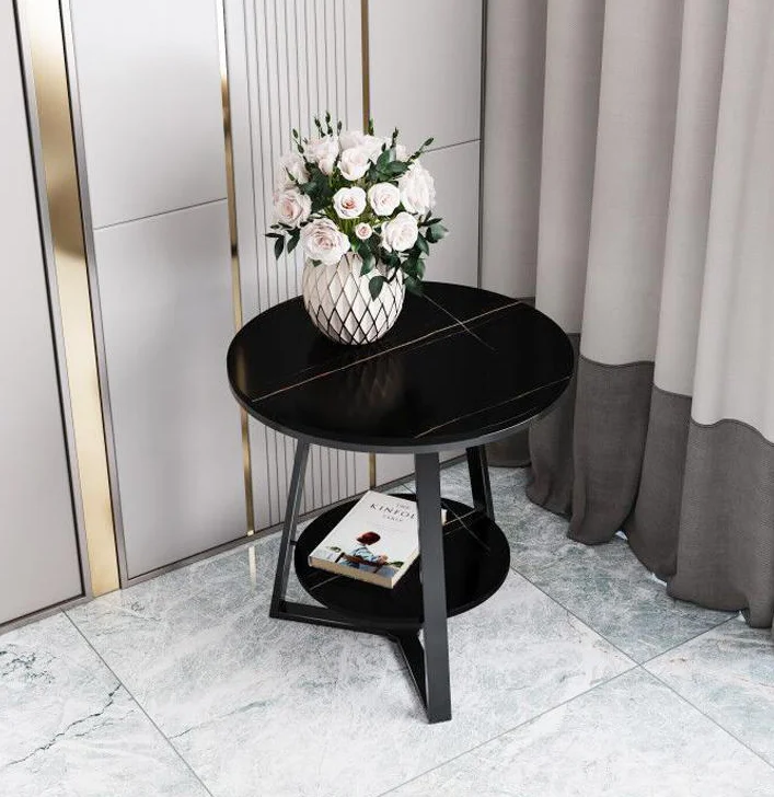 

Simple rock board coffee table office living room sofa side cabinet corner balcony marble small round side table, Black or white