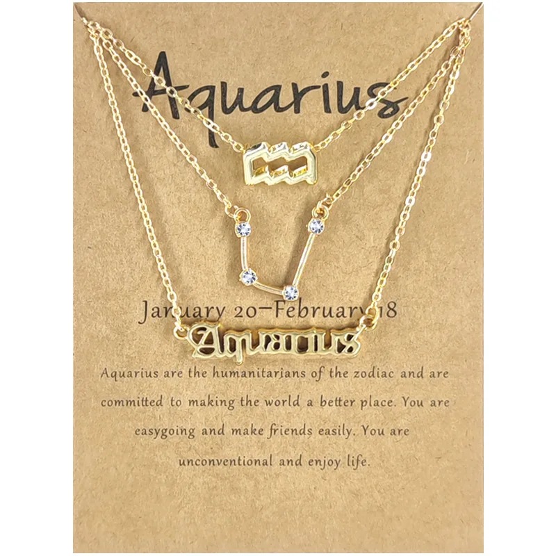 

GOGO JEWELRY Trendy 3 pcs set zodiac sign crystal 12 constelations pendants necklace for women with card, Silver and gold