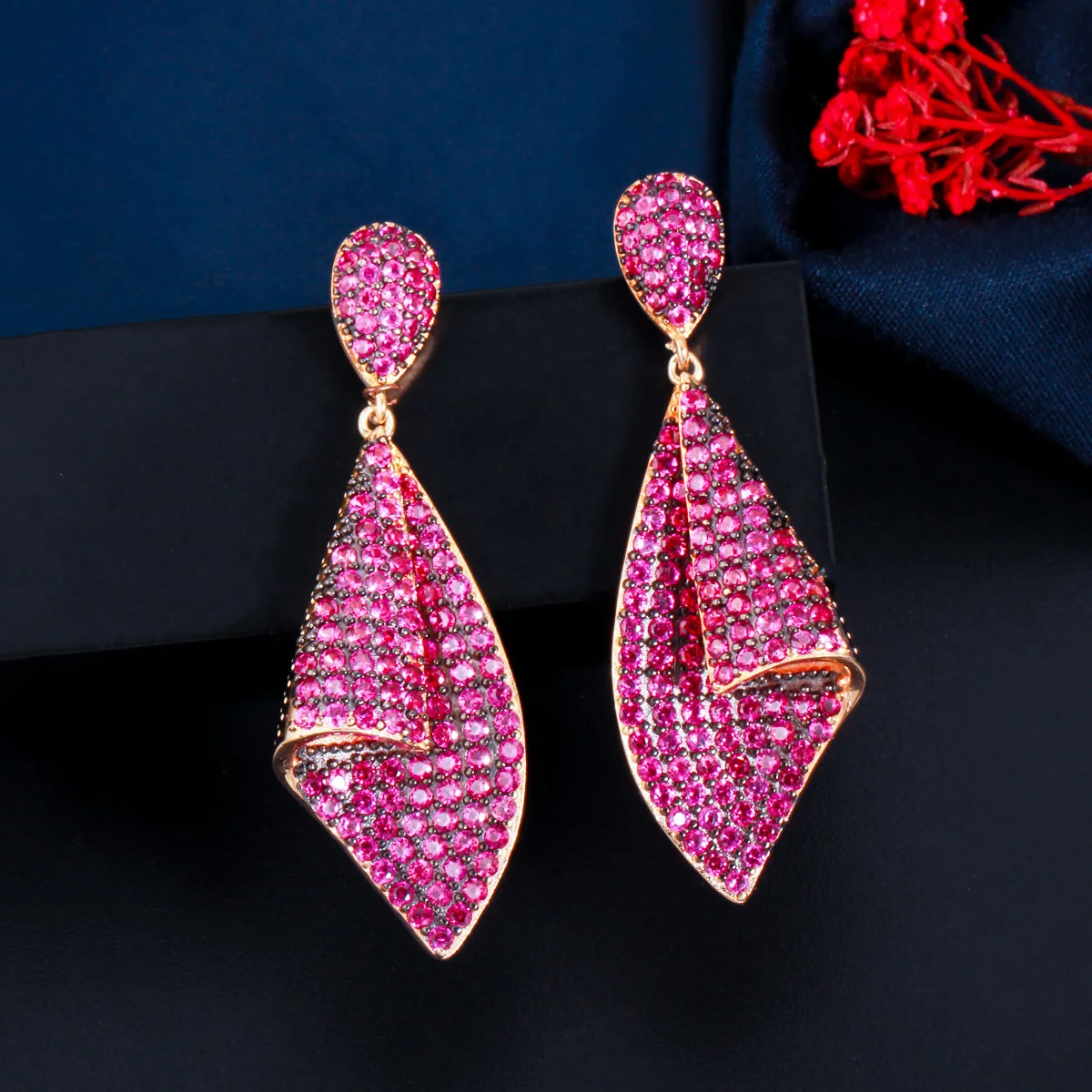 Creative Two Tone Gold Plated Micro Pave Hot Pink Red Cubic Zirconia Stone Long Dangle Drop Earrings for Women Brand Jewelry