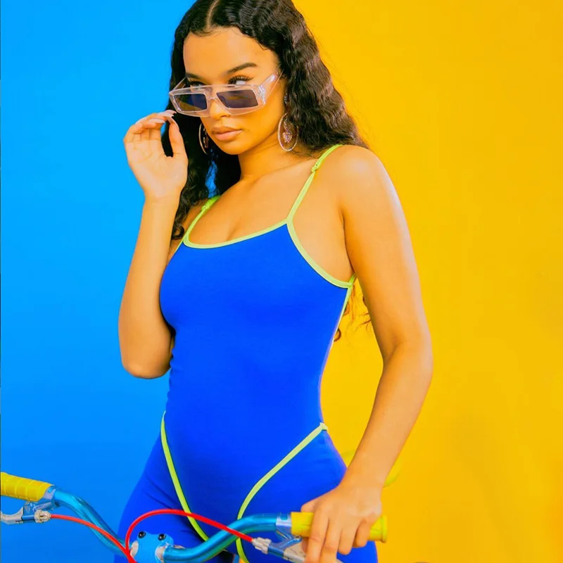 

Nibber P1733824 2021 New Arrivals Solid Color Striped Bandage Backless Skinny Sexy Bodycon Short Rompers Bodysuit Women Jumpsuit, Black / blue