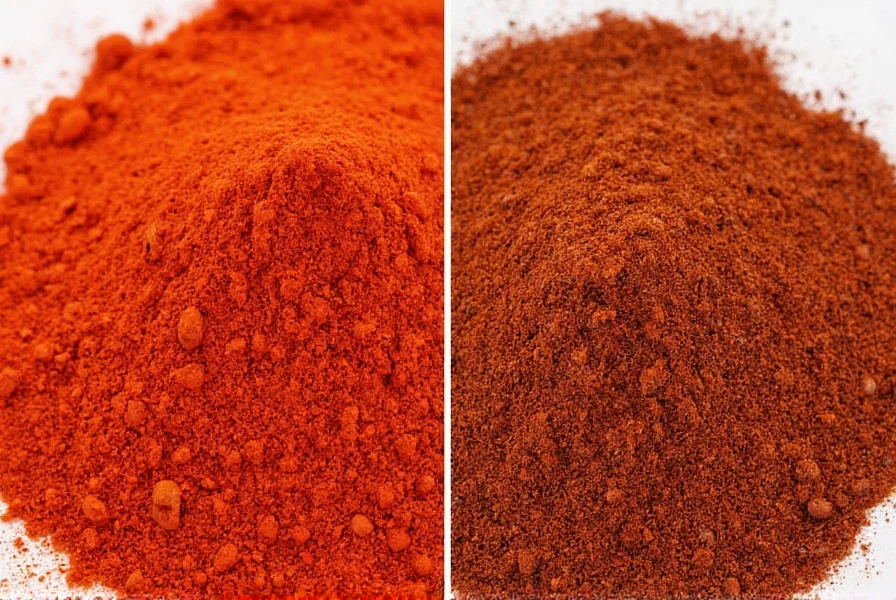 Two small bowls showing vibrant red regular paprika next to deeper maroon smoked paprika with cooking ingredients