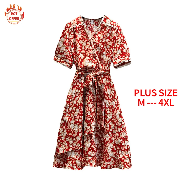 

Top Sale V-Neck Short Sleeve Stylish Sexy Elegant Chiffon Floral Midi Woman's Summer Casual Plus Size Dress