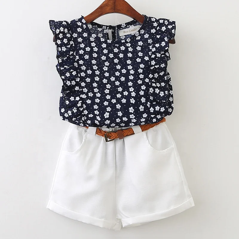 

B60196A New Korean thin crisp girl floral sleeveless T-shirt and shorts sets, Dark blue