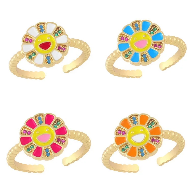 

Female Personality Sunflower Copper Zircon Open Band Adjustable Women Rings Jewelry, White / red / purple / blue / pink / orange
