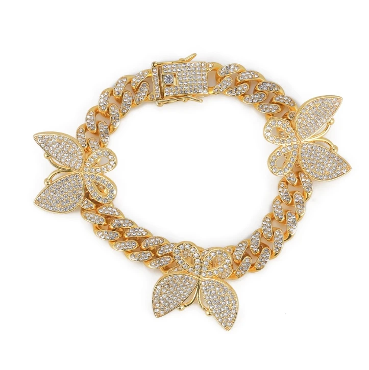 

New hip hop full diamond anklet butterfly personality hiphop Cuban big gold chain anklet jewelry