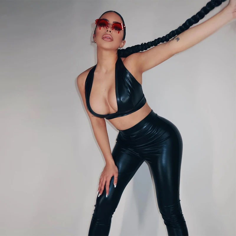 

Lygens Pu Coated Strap Deep V Neck Sleeveless Tube Tank Top Sexy Bodycon Leggings Pant 2 Pieces Set 2021 Women Hot Suit