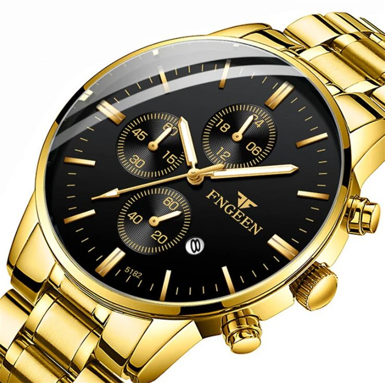 

FNGEEN Crystal Glass 18K Gold Plated Watch New Fashion Luminous Custom Logo Quartz Movement Wrist Watches Men, As show / custom colors
