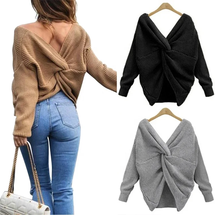 

Fall Knitted V Neck Twist Back Pullover Ladies Women Long Sleeve Crop Top Sweater, Multiple colors to choose