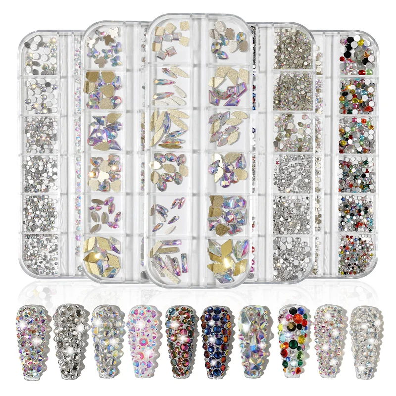 

12 Grid 1440pcs AB crystal flat back rhinestone diamond gem 3D glitter nail art decoration for Nails Accessories, 12 colors