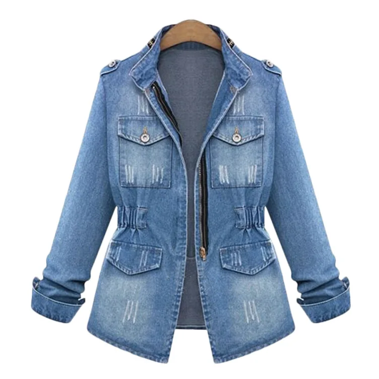 Distressed Zip Up Giubbino Donna European Turnhout Women Long Jean Jacket Plus Size