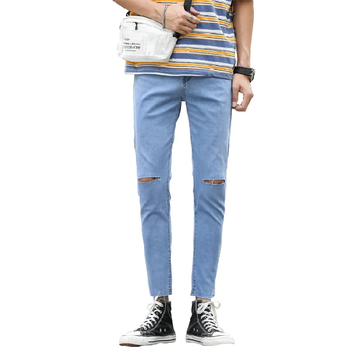 

Summer ultra thin a word broken jeans men nine points slim small foot brand Korean trend versatile 9 points pants