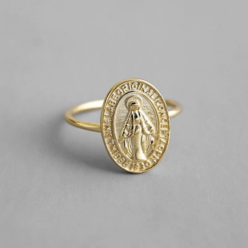 

Real Gold Plated Sterling Silver Oval Tag Virgin Mary Open Rings Religious Jewelry 925 Virgin Mary Resizable Rings For Girls, Picture
