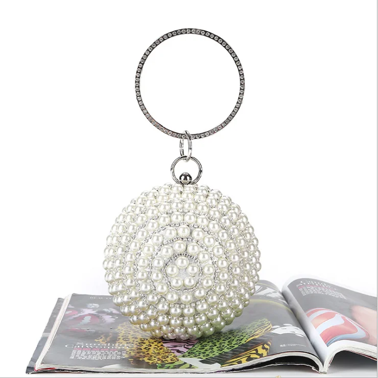 

High Quality Dinner Bag wedding bridal ladies diamante pearl beaded ball shaped box dinner purse evening clutches bags, Sliver,black,gold