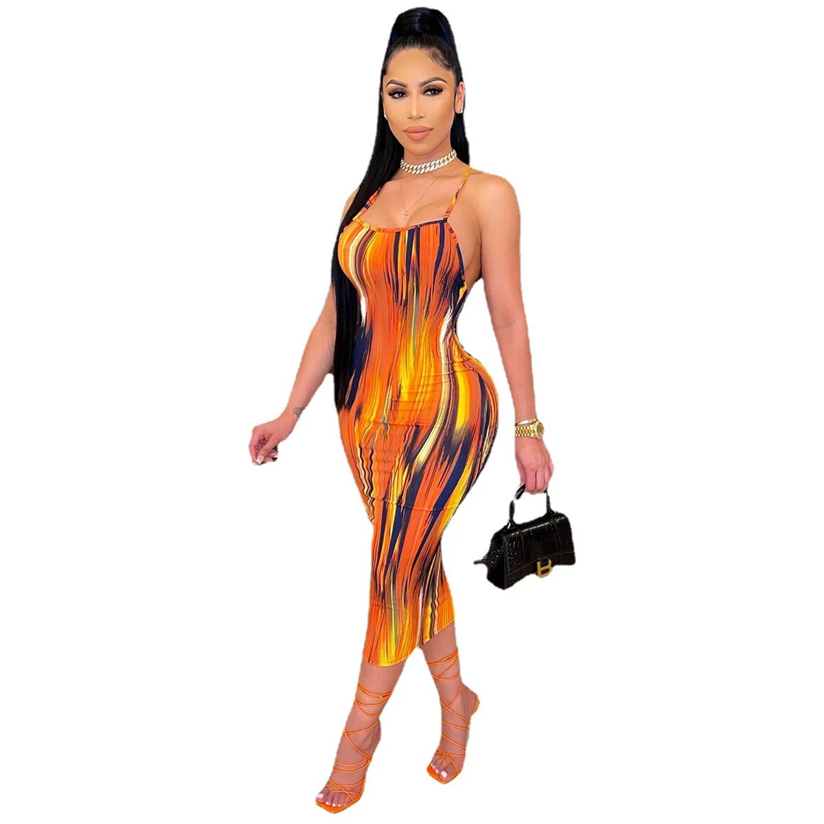 

sexy clothes for women 2021 halter low cut sleeveless printing and dyeing party wear long dresses women maxi print dress, Orange