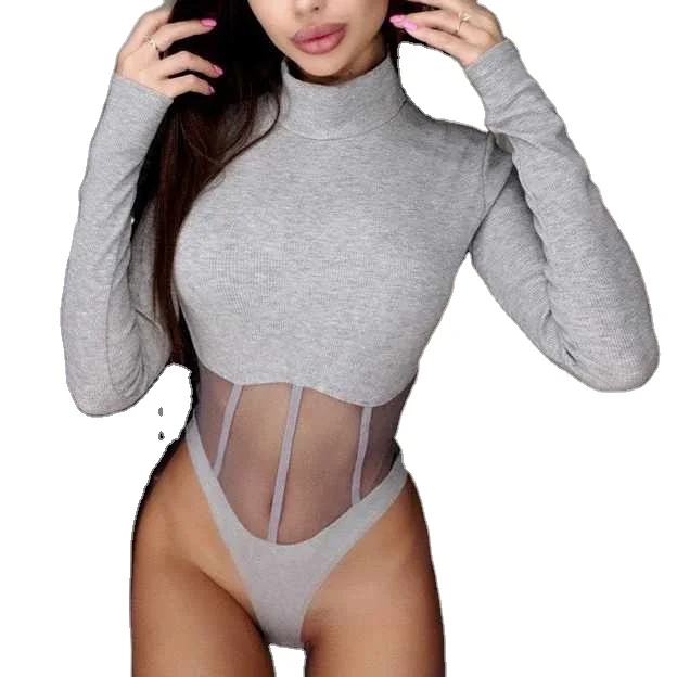 

Fall sexy mesh stitching bodycon women long sleeve turtle neck bodysuit, Black, gray, white