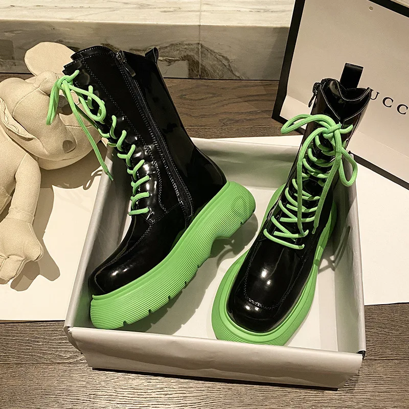 

TX new 2021 Marten shoe increase thick sole medi cylinder boots personality lace-up punk patent leather boots, Color matching