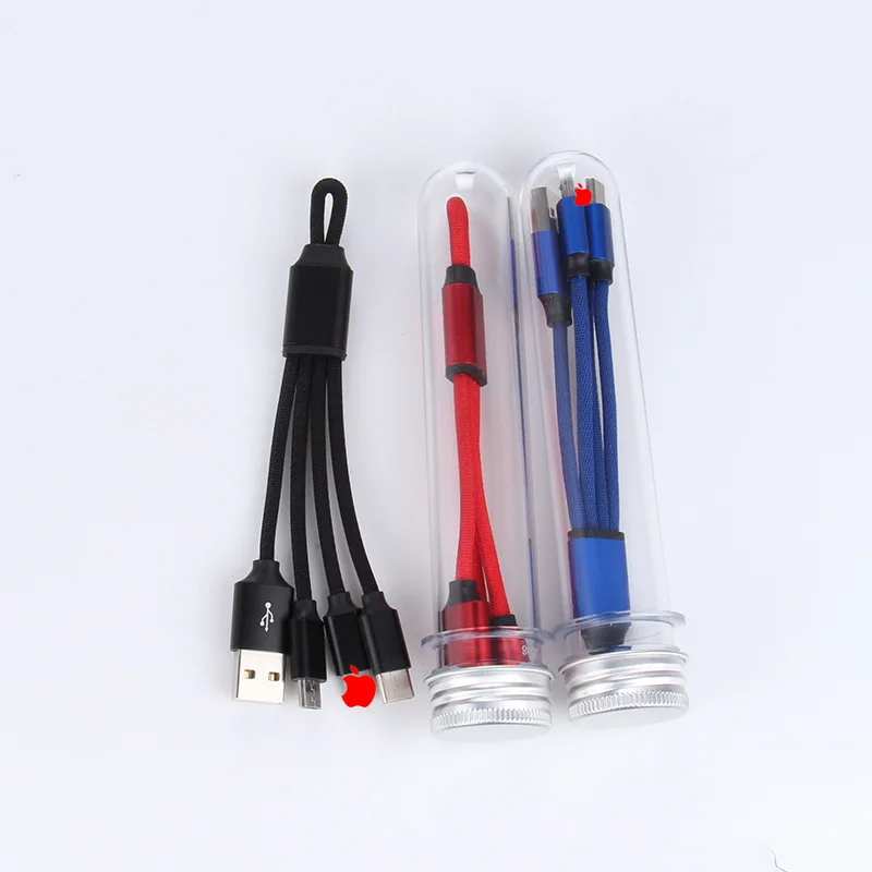 

New type keychain 3 in 1 15CM data cables three charging cables aluminum alloy fabric weaving gift custom LOGO usb cable, Black red blue